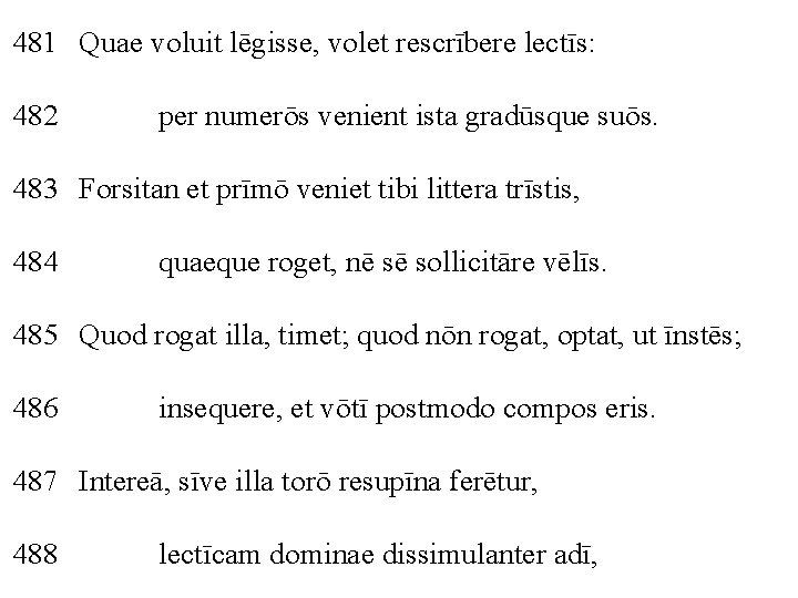 481 Quae voluit lēgisse, volet rescrībere lectīs: 482 per numerōs venient ista gradūsque suōs.