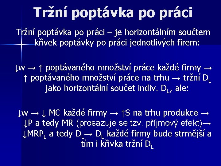 Tržní poptávka po práci – je horizontálním součtem křivek poptávky po práci jednotlivých firem: