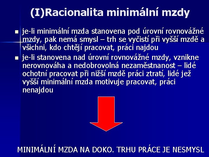 (I)Racionalita minimální mzdy n n je-li minimální mzda stanovena pod úrovní rovnovážné mzdy, pak