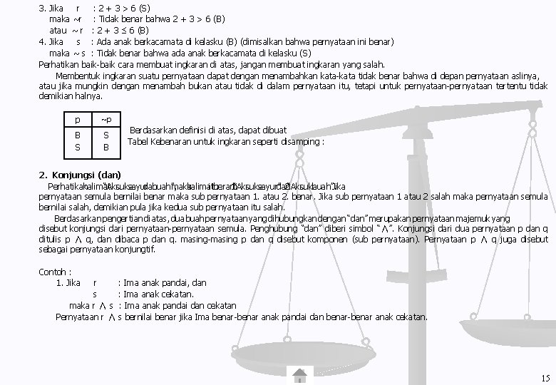 3. Jika r : 2 + 3 > 6 (S) maka ~r : Tidak