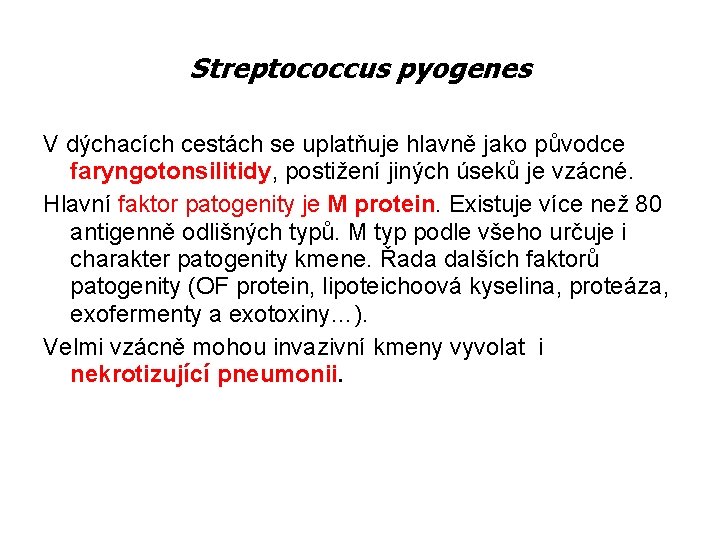 Streptococcus pyogenes V dýchacích cestách se uplatňuje hlavně jako původce faryngotonsilitidy, postižení jiných úseků