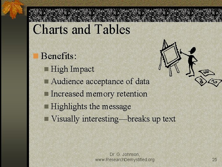 Charts and Tables n Benefits: n High Impact n Audience acceptance of data n