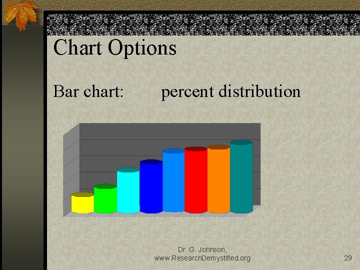 Chart Options Bar chart: percent distribution Dr. G. Johnson, www. Research. Demystified. org 29