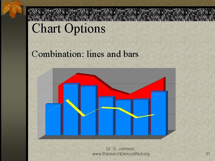 Chart Options Combination: lines and bars Dr. G. Johnson, www. Research. Demystified. org 31