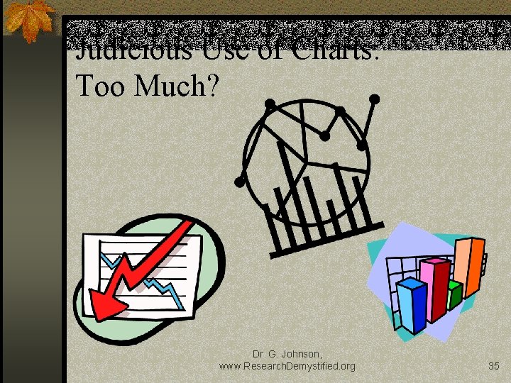 Judicious Use of Charts: Too Much? Dr. G. Johnson, www. Research. Demystified. org 35