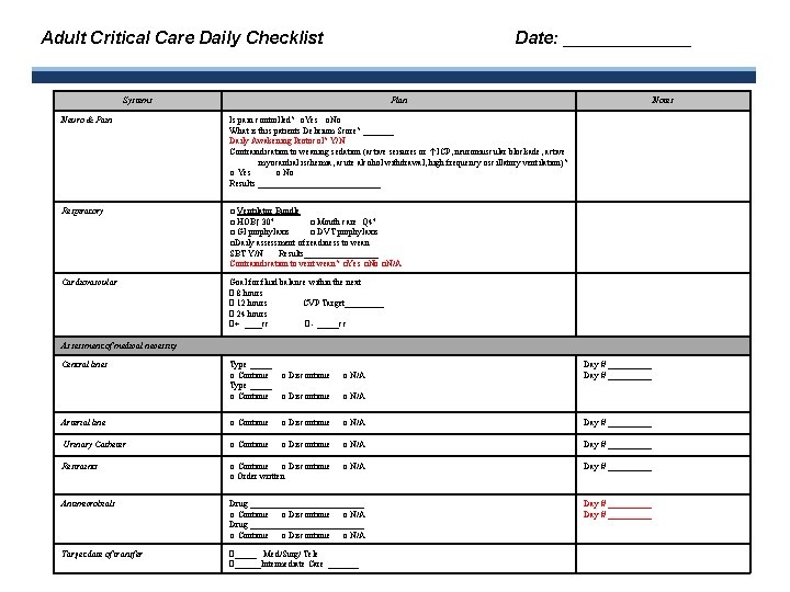 Adult Critical Care Daily Checklist Date: ________ Systems Plan Neuro & Pain Is pain