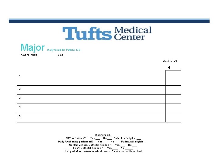 Major Daily Goals for Patient: ICU Patient Initials_______ Date ____ Goal done? 1. 2.