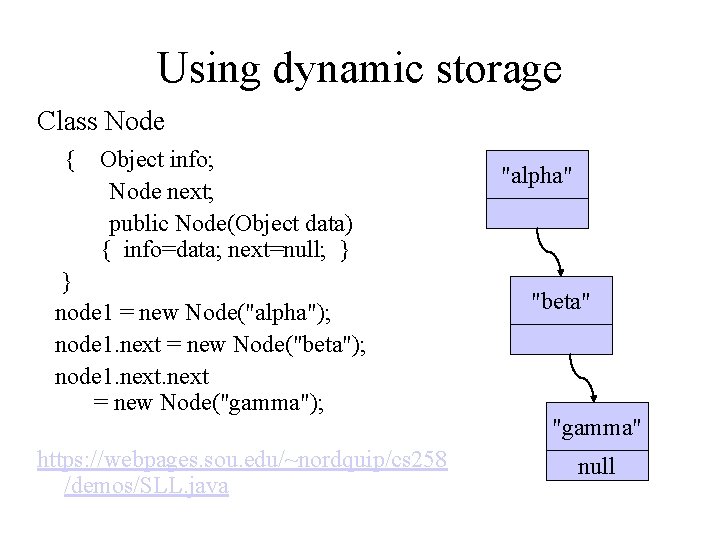 Using dynamic storage Class Node { Object info; Node next; public Node(Object data) {