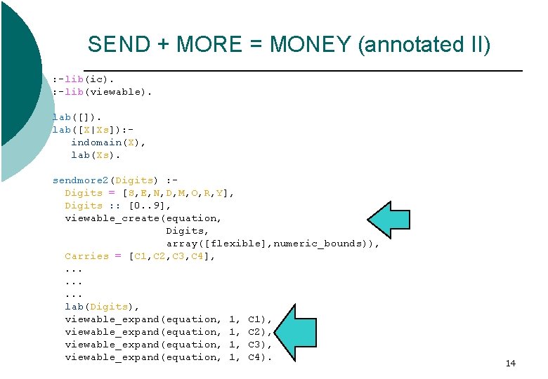 SEND + MORE = MONEY (annotated II) : -lib(ic). : -lib(viewable). lab([]). lab([X|Xs]): indomain(X),