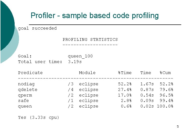 Profiler - sample based code profiling goal succeeded PROFILING STATISTICS ----------Goal: Total user time: