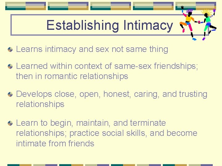 Establishing Intimacy Learns intimacy and sex not same thing Learned within context of same-sex