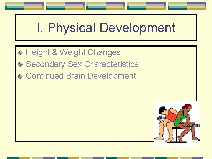 I. Physical Development Height & Weight Changes Secondary Sex Characteristics Continued Brain Development 