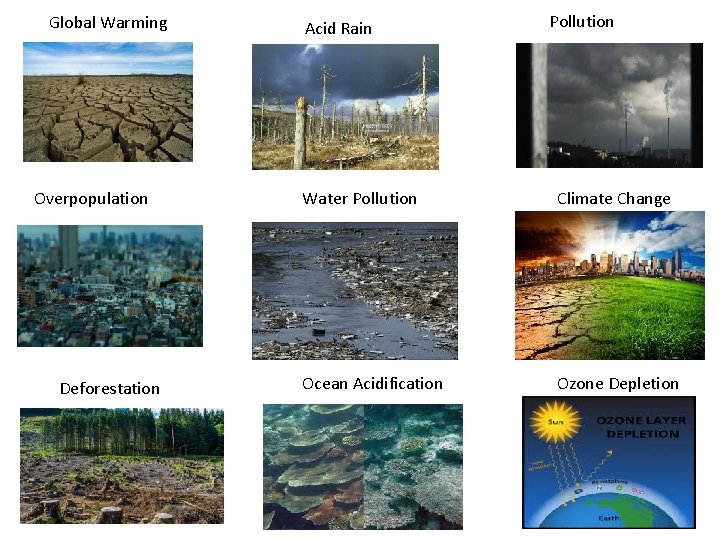 Global Warming Overpopulation Deforestation Acid Rain Pollution Water Pollution Climate Change Ocean Acidification Ozone
