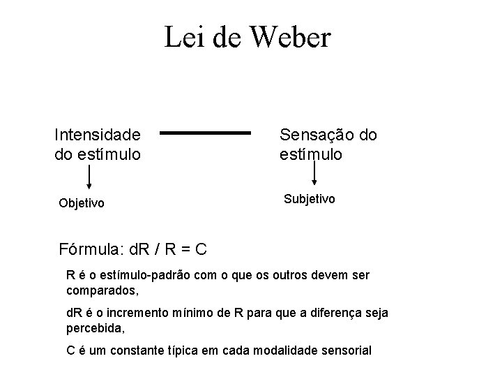 Lei de Weber Intensidade do estímulo Objetivo Sensação do estímulo Subjetivo Fórmula: d. R