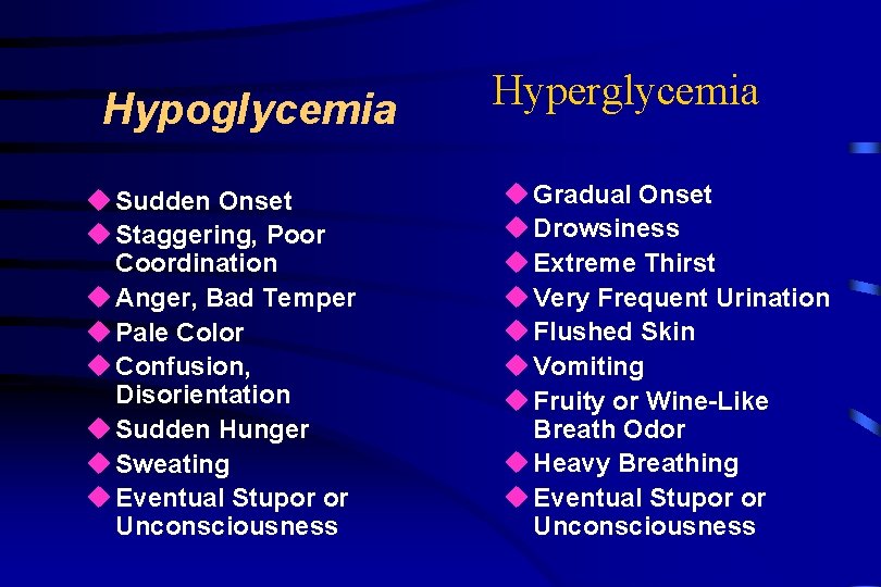 Hypoglycemia u Sudden Onset u Staggering, Poor Coordination u Anger, Bad Temper u Pale