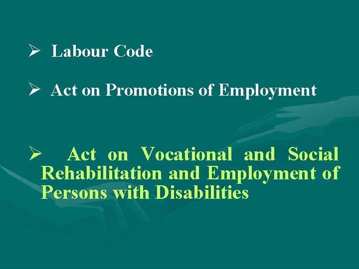 Ø Labour Code Ø Act on Promotions of Employment Ø Act on Vocational and