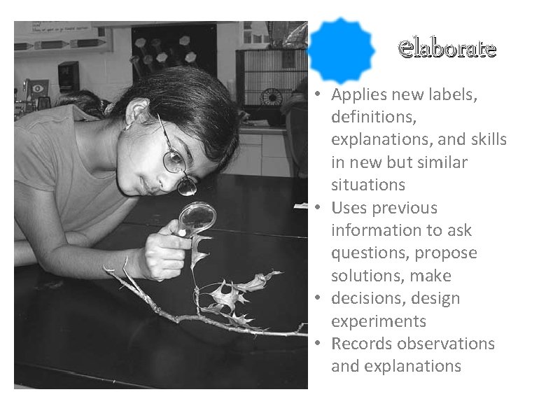 elaborate • Applies new labels, definitions, explanations, and skills in new but similar situations