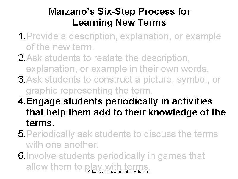 Marzano’s Six-Step Process for Learning New Terms 1. Provide a description, explanation, or example