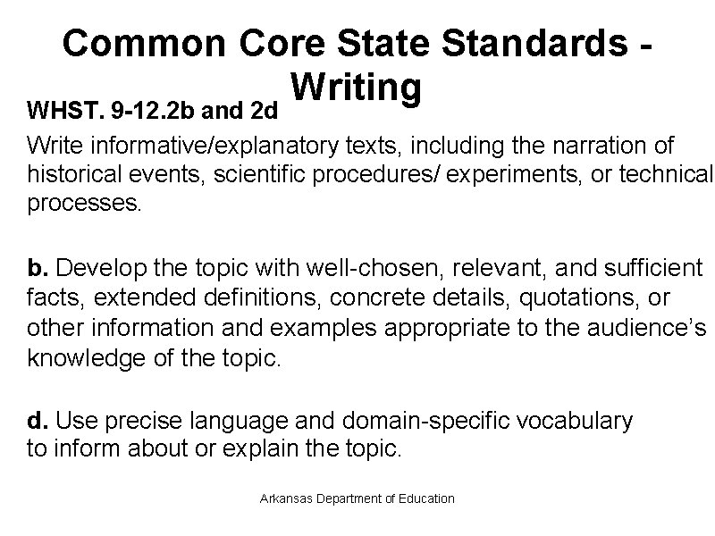Common Core State Standards - Writing WHST. 9 -12. 2 b and 2 d