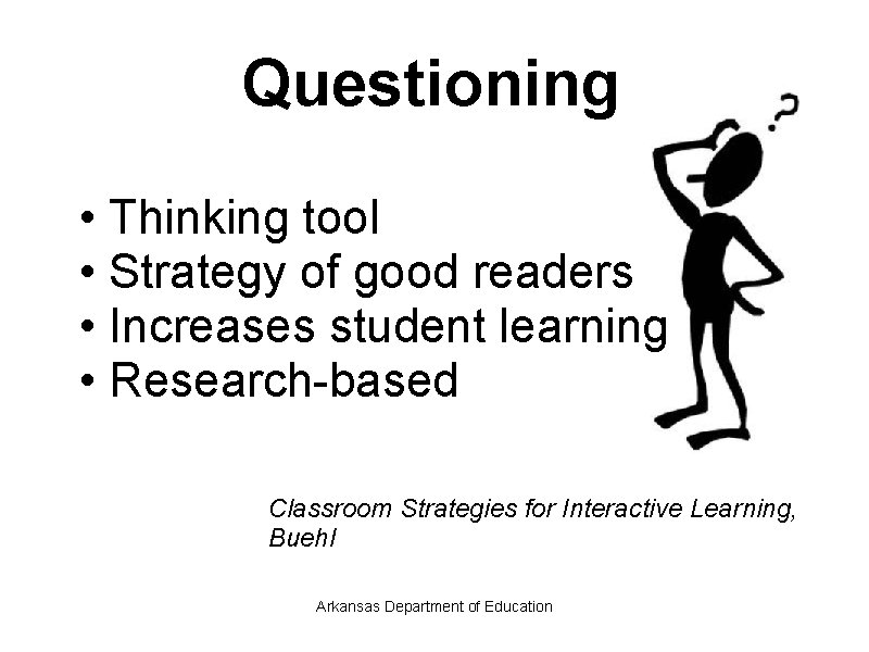 Questioning • Thinking tool • Strategy of good readers • Increases student learning •