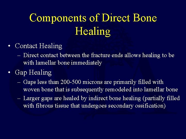 Components of Direct Bone Healing • Contact Healing – Direct contact between the fracture