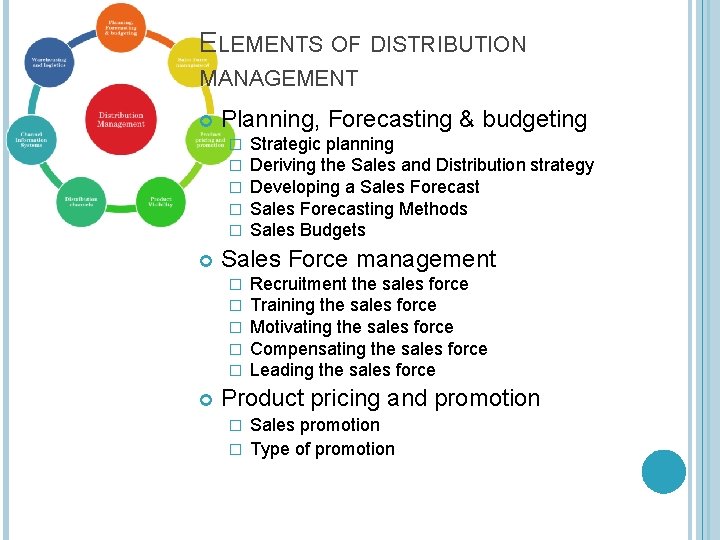 ELEMENTS OF DISTRIBUTION MANAGEMENT Planning, Forecasting & budgeting � � � Sales Force management