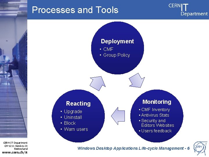 Processes and Tools Deployment • CMF • Group Policy Reacting • • CERN IT
