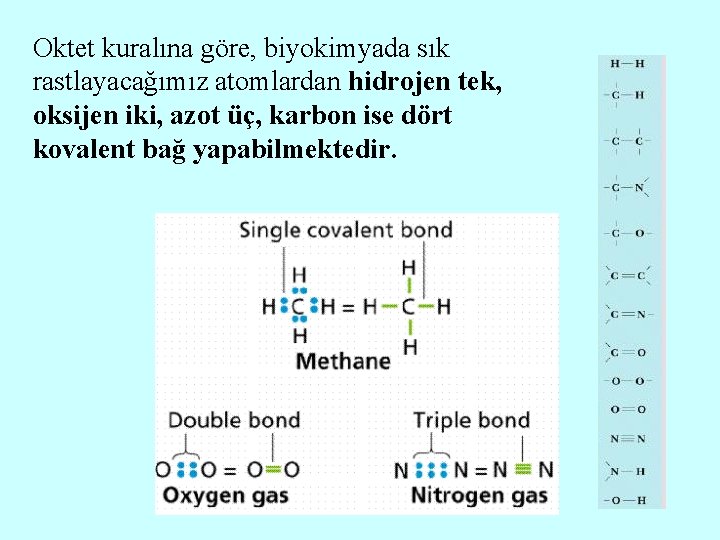 Oktet kuralına göre, biyokimyada sık rastlayacağımız atomlardan hidrojen tek, oksijen iki, azot üç, karbon