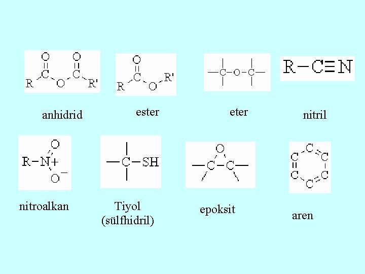 anhidrid nitroalkan ester Tiyol (sülfhidril) eter epoksit nitril aren 