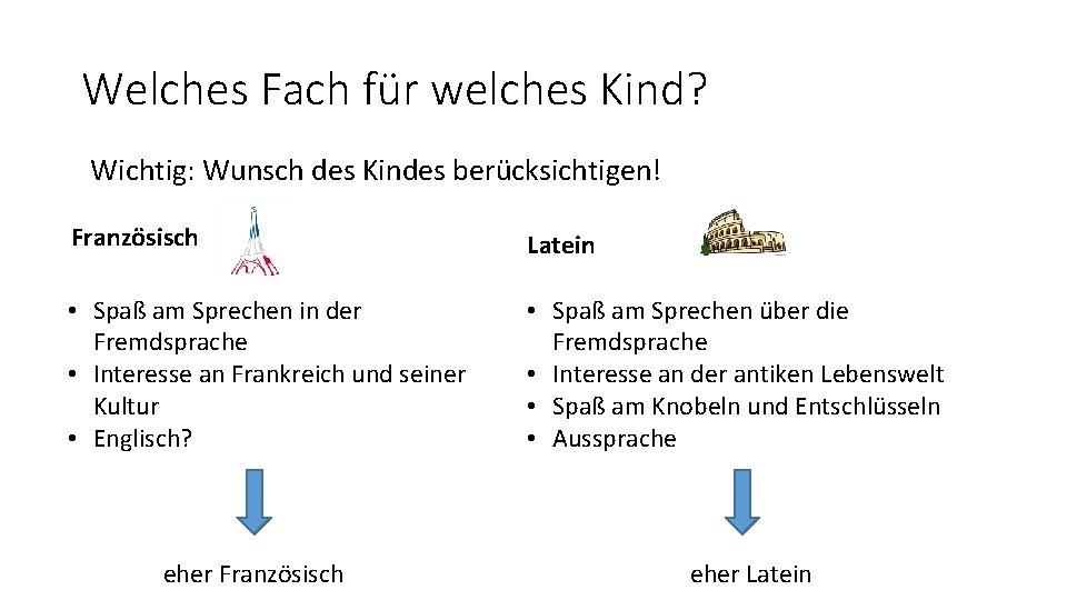 Welches Fach für welches Kind? Wichtig: Wunsch des Kindes berücksichtigen! Französisch Latein • Spaß