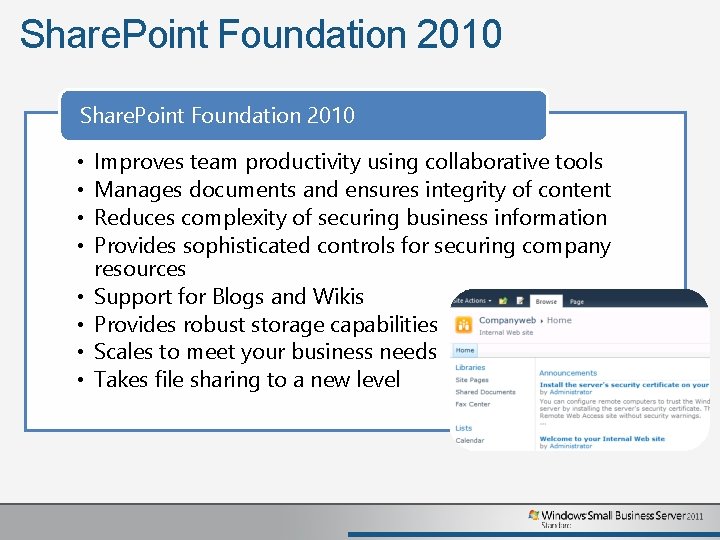 Share. Point Foundation 2010 • • Improves team productivity using collaborative tools Manages documents Share. Point Foundation 2010 • • Improves team productivity using collaborative tools Manages documents