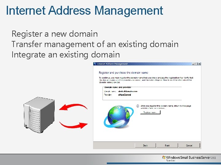 Internet Address Management Register a new domain Transfer management of an existing domain Integrate