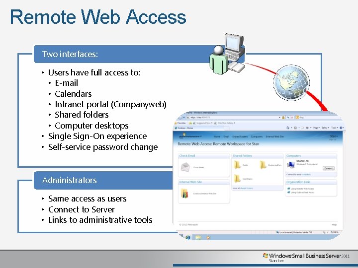 Remote Web Access Two interfaces: • Users have full access to: • E-mail •