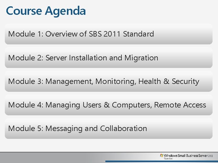 Course Agenda Module 1: Overview of SBS 2011 Standard Module 2: Server Installation and Course Agenda Module 1: Overview of SBS 2011 Standard Module 2: Server Installation and