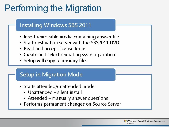 Performing the Migration Installing Windows SBS 2011 • • • Insert removable media containing