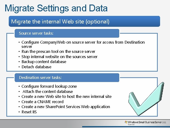 Migrate Settings and Data Migrate the internal Web site (optional) Source server tasks: •