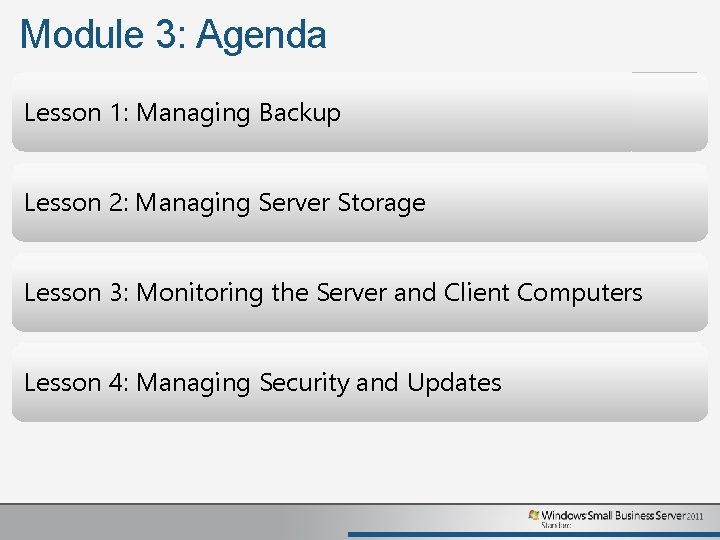 Module 3: Agenda Lesson 1: Managing Backup Lesson 2: Managing Server Storage Lesson 3: