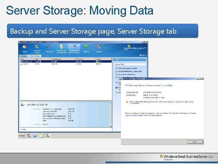 Server Storage: Moving Data Backup and Server Storage page, Server Storage tab 