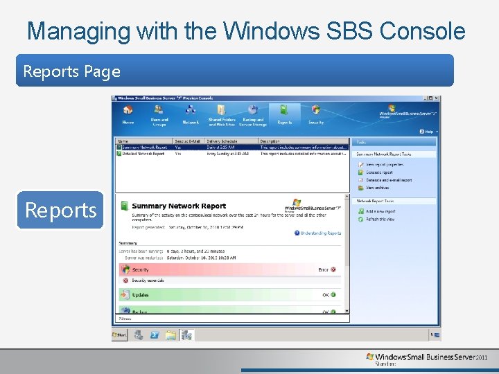 Managing with the Windows SBS Console Reports Page Reports Managing with the Windows SBS Console Reports Page Reports