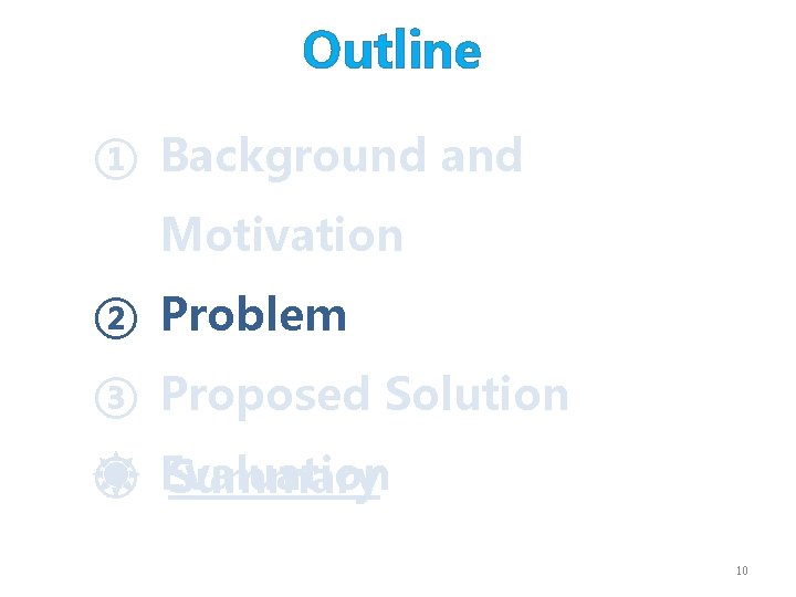 Outline ① Background and Motivation ② Problem ③ Proposed Solution ④ Evaluation Summary 10