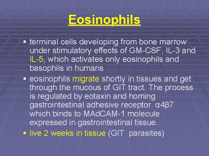 Eosinophils § terminal cells developing from bone marrow under stimulatory effects of GM-CSF, IL-3