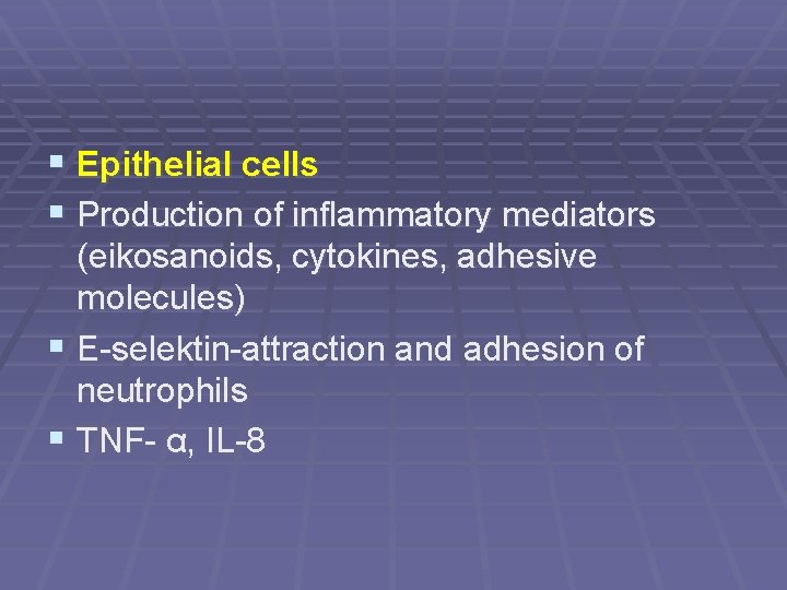 § Epithelial cells § Production of inflammatory mediators (eikosanoids, cytokines, adhesive molecules) § E-selektin-attraction