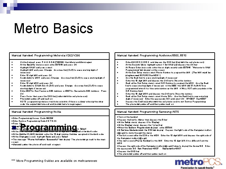 Metro Basics Manual Handset Programming Motorola V 262/V 266 Manual Handset Programming Audiovox 8900,