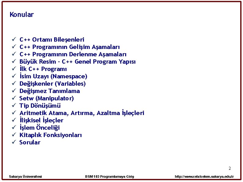 Konular C++ Ortamı Bileşenleri C++ Programının Gelişim Aşamaları C++ Programının Derlenme Aşamaları Büyük Resim