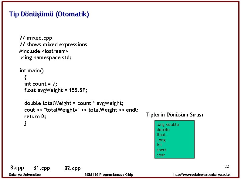 Tip Dönüşümü (Otomatik) // mixed. cpp // shows mixed expressions #include <iostream> using namespace