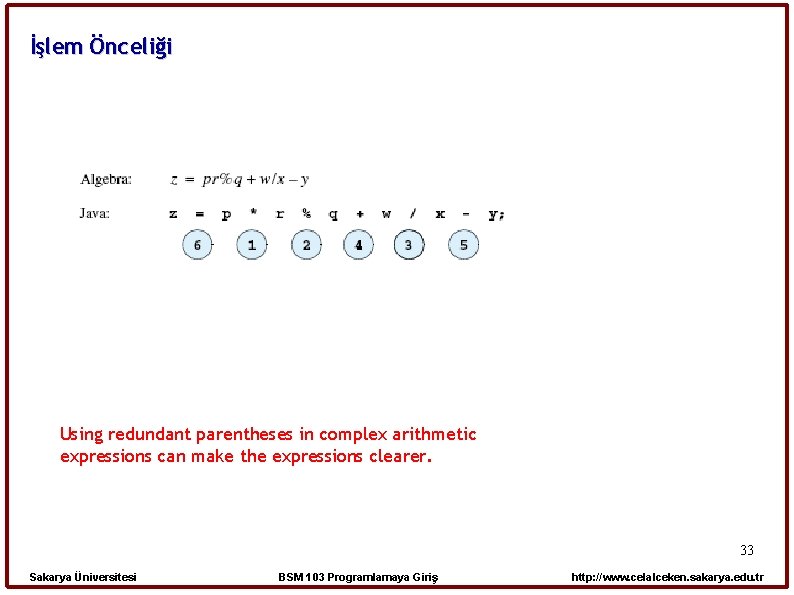 İşlem Önceliği Using redundant parentheses in complex arithmetic expressions can make the expressions clearer.