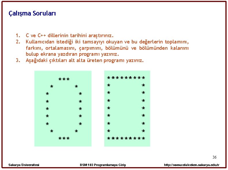 Çalışma Soruları 1. 2. 3. C ve C++ dillerinin tarihini araştırınız. Kullanıcıdan istediği iki