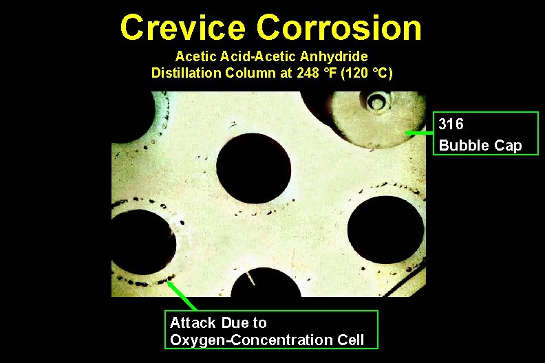 Crevice Corrosion Acetic Acid-Acetic Anhydride Distillation Column at 248 °F (120 °C) 316 Bubble