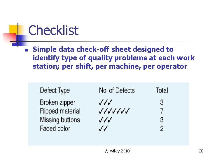 Checklist n Simple data check-off sheet designed to identify type of quality problems at