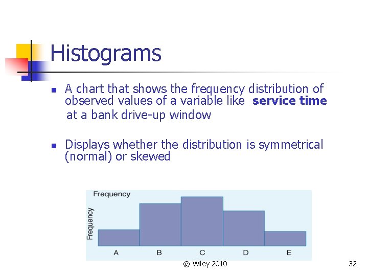 Histograms n n A chart that shows the frequency distribution of observed values of